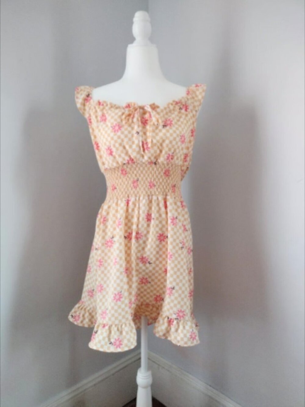 Lily Rose Juniors Peach and White Checkered Summer Dress Size XL - New with tags